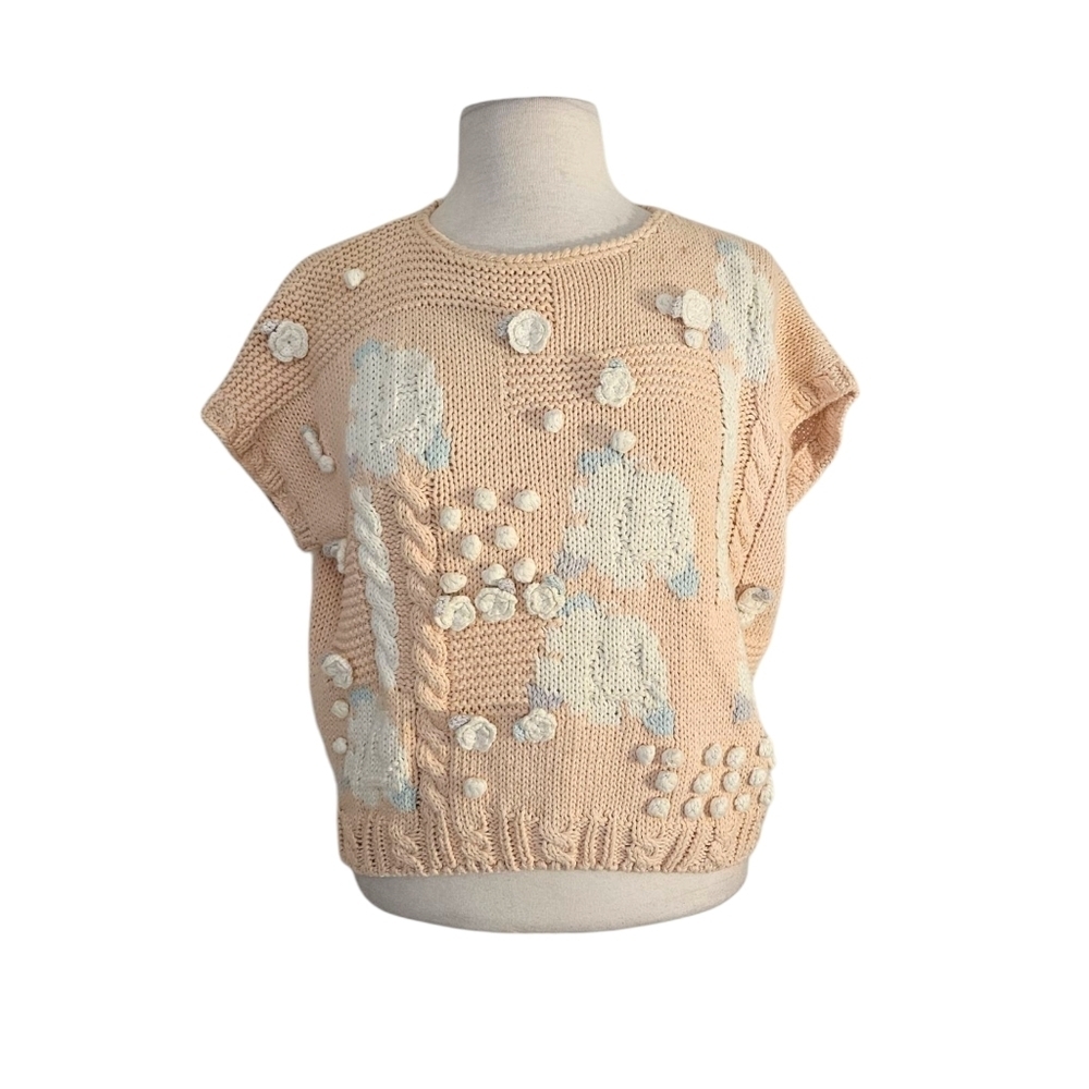 80s Vintage Chaus Crocheted Flower Cropped Sweater